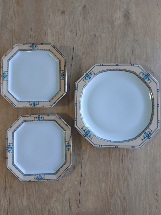 6 Pratos de Sobremesa e Prato de Bolo Grande Vintage, novos