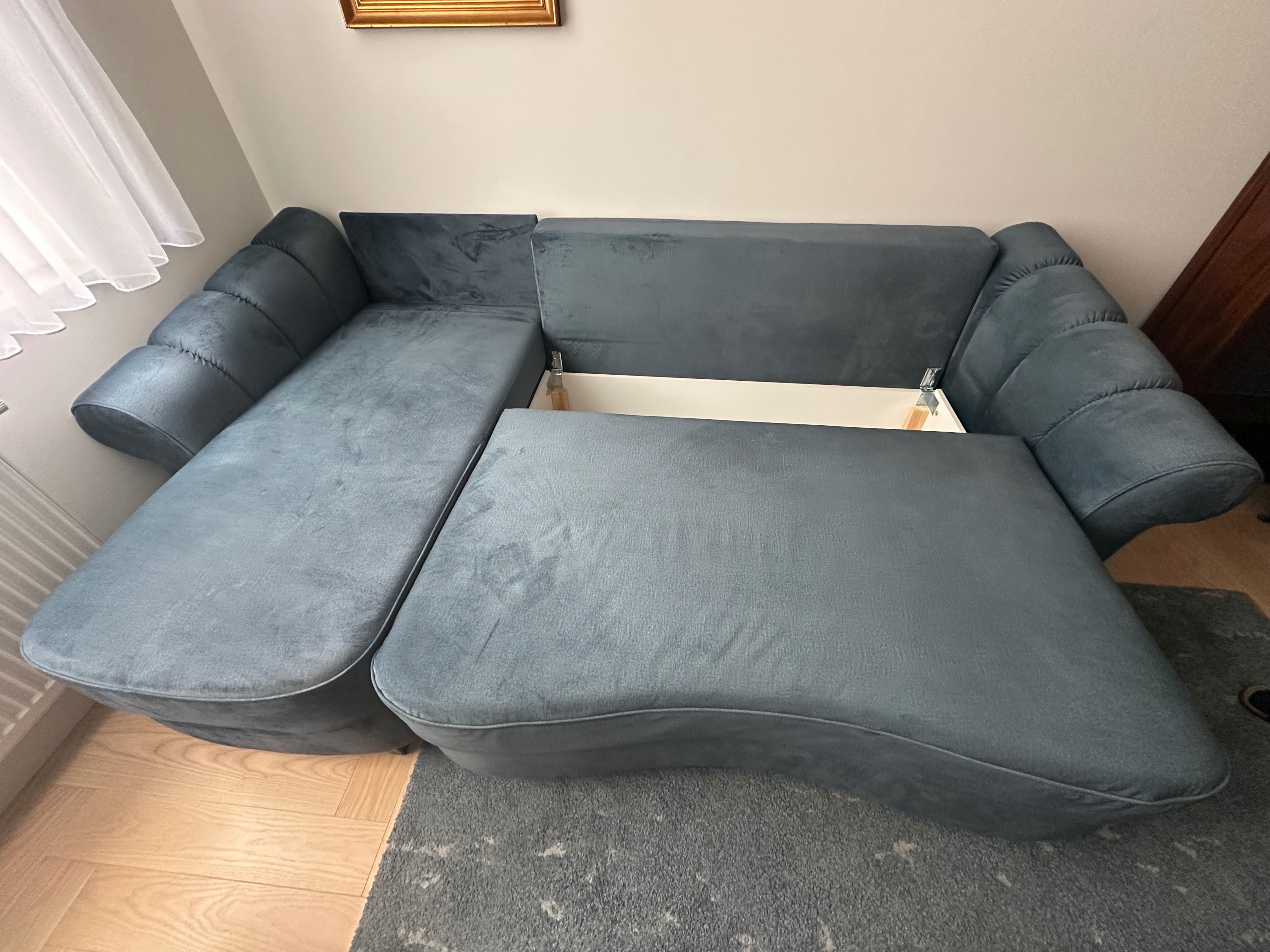Sofa narożna, z możliwością spania, welurowa zielono-granatowa