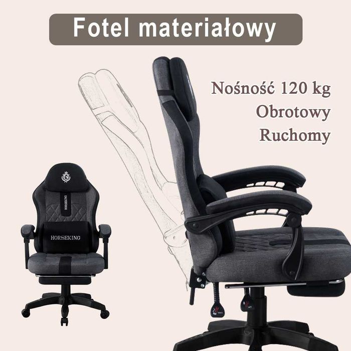 FOTEL GAMINGOWY HORSEKING Z podnóźkiem obrotowy do gry  szary czarny