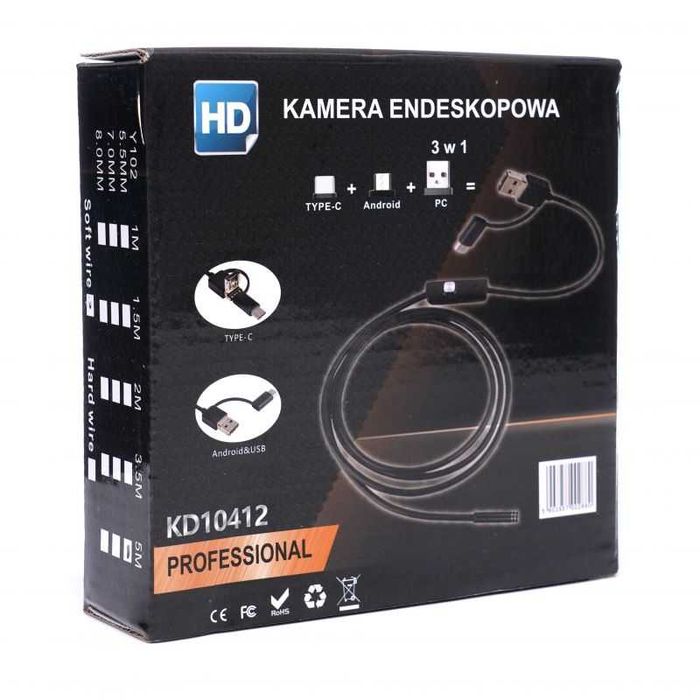 KAMERA ENDOSKOPOWA inspekcyjna USB 3w 1 wodoodporny kabel KD10412