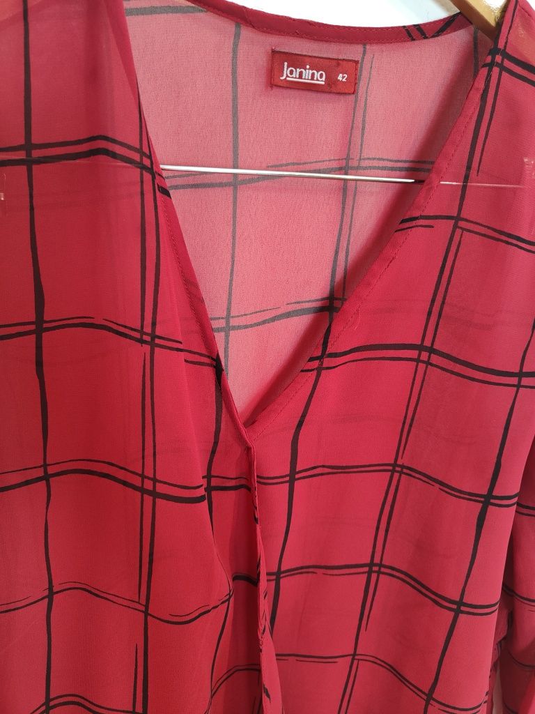 Damska Bluzka Bordowa  w Kratkę  z Długim Rękawem Janina  (XL)
