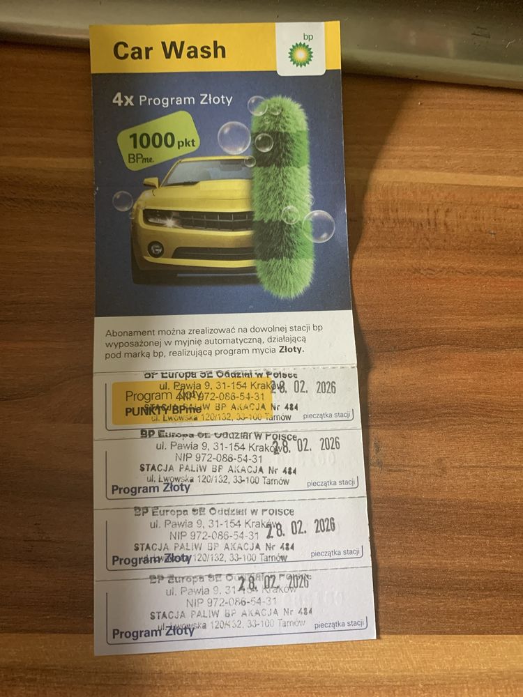 Karnet na myjnie bp 4 x program zloty