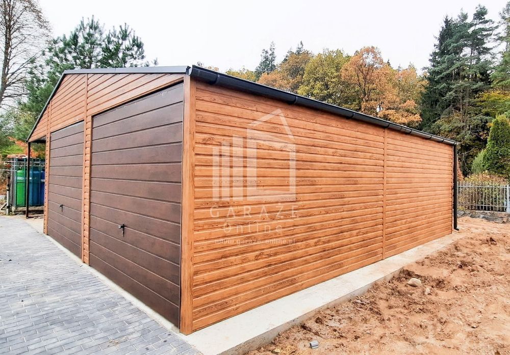 GARAŻ BLASZANY 6,5x6 + 3m. wiata 2x Brama drzwi 2x okno orzech ID136