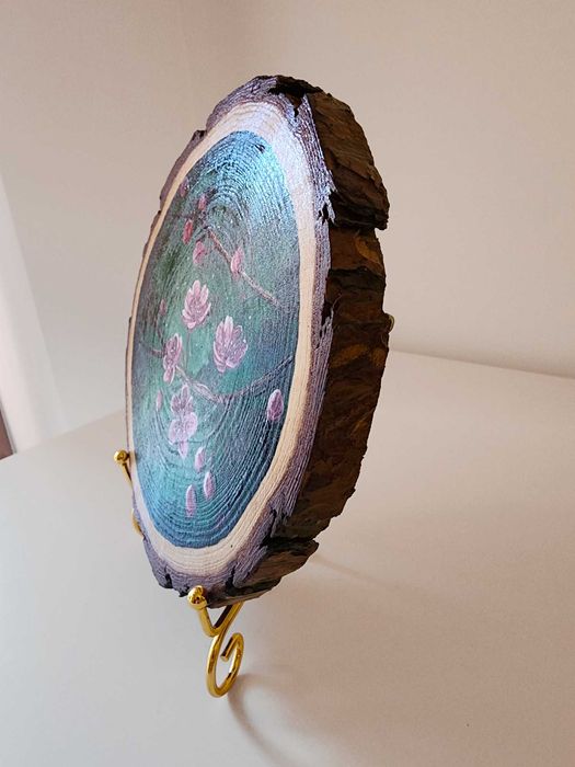 Pintura sobre Fatia de Madeira Rústica - "Ramo de Cerejeira" (19 cm)