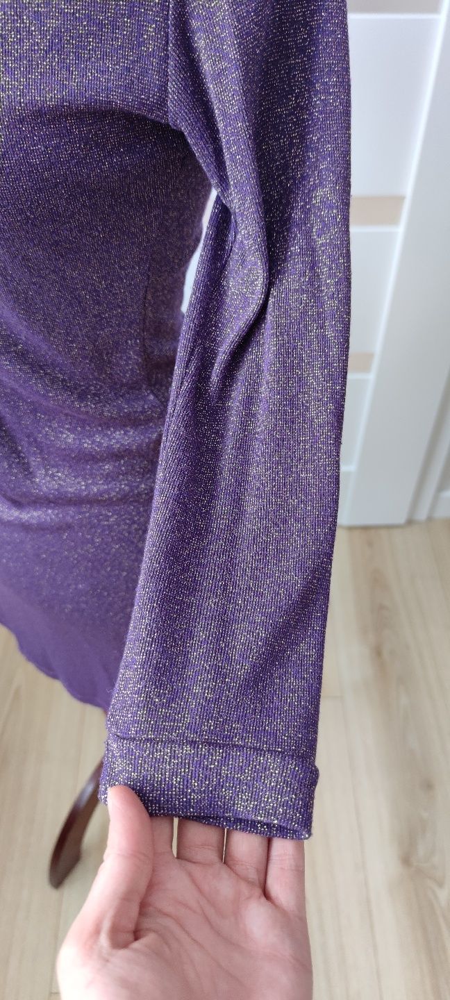 Sukienka fiolet ze złotymi iskierkami S/M rękaw 3/4 V-neck velvet