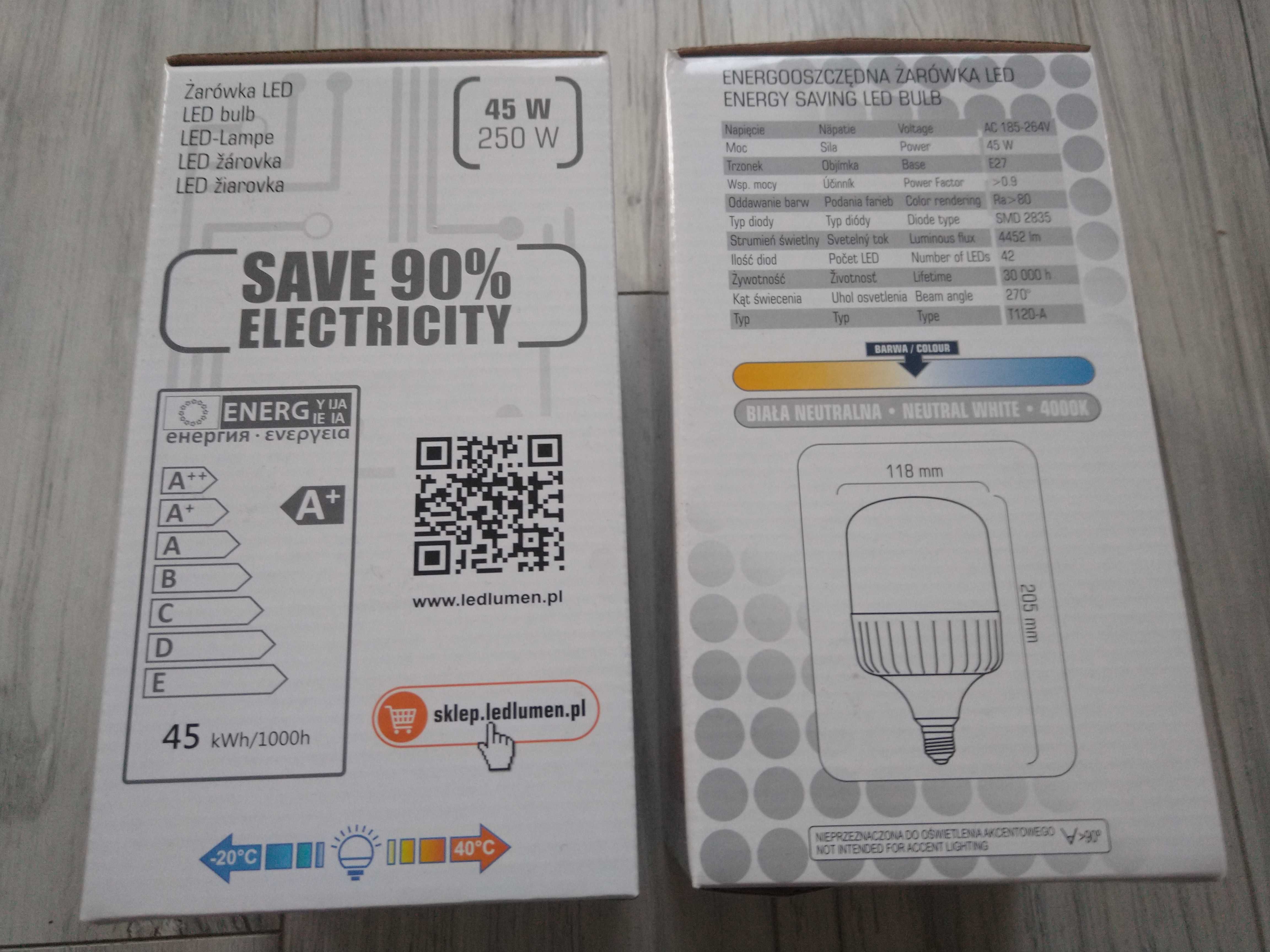 Żarówki LEDLUMEN T120-A SMD 2835 45W 4452 lm  E27 2 sztuki