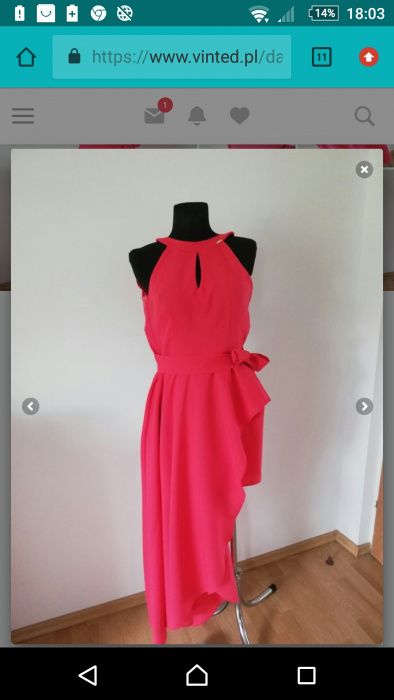 Cudna sukienka asymetryczna malinowa ogon rozmiar 42