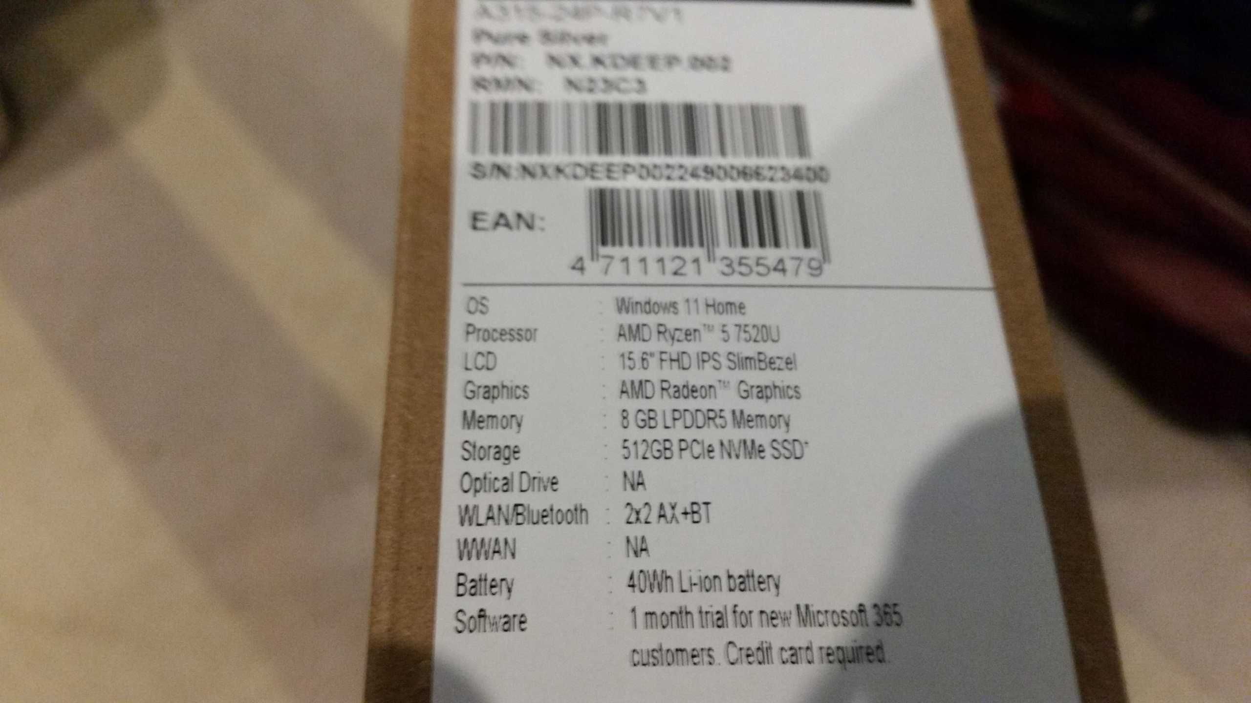 ACER ASPIRE 3 A315-24P-R7V1 R5-7520U 8GB SSD 512GB W11H 15,6" Okazja