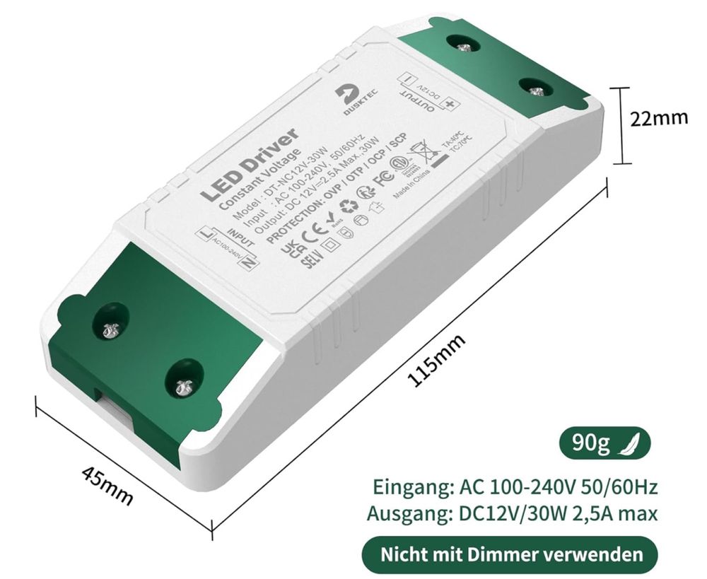 Zasilacz LED DUSKTEC 230V na 12V 30W IP44 do taśm i żarówek