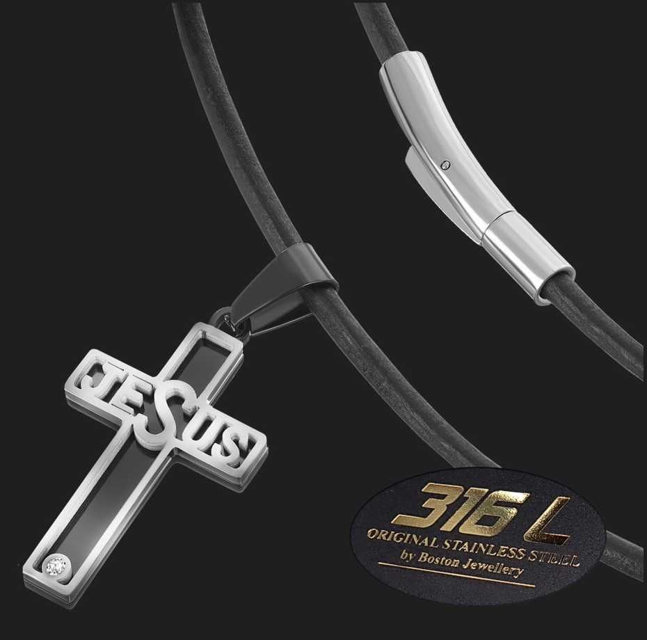 Gruby Rzemień RZEMYK na Szyję + KRZYŻYK Oryginalny BOSTON JEWELLERY