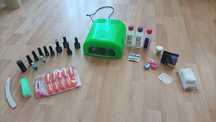 Zestaw do paznokci manicure hybrydowy lampa UV + lakiery i ozdoby