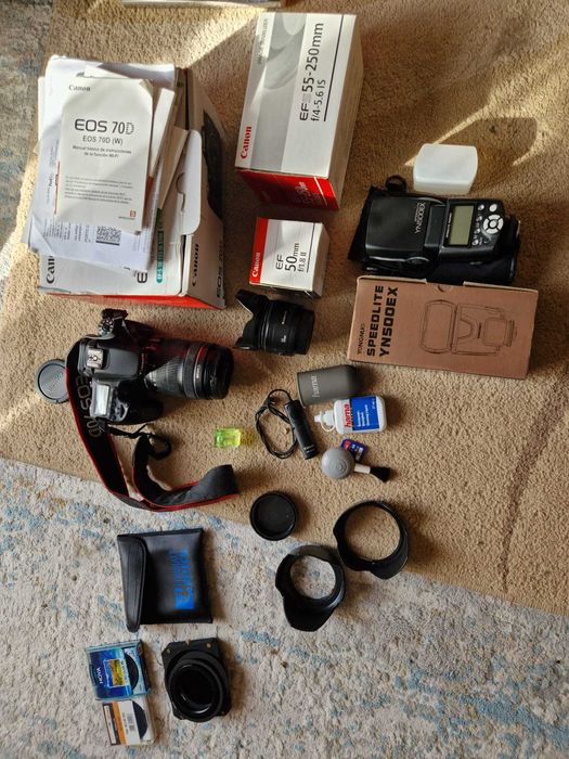 Canon EOS 70D + Lentes + Flash + Tripé ManFrotto + Mochilas