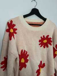 Sweter sweterek wiosenny oversize kwiaty vintage szeroki