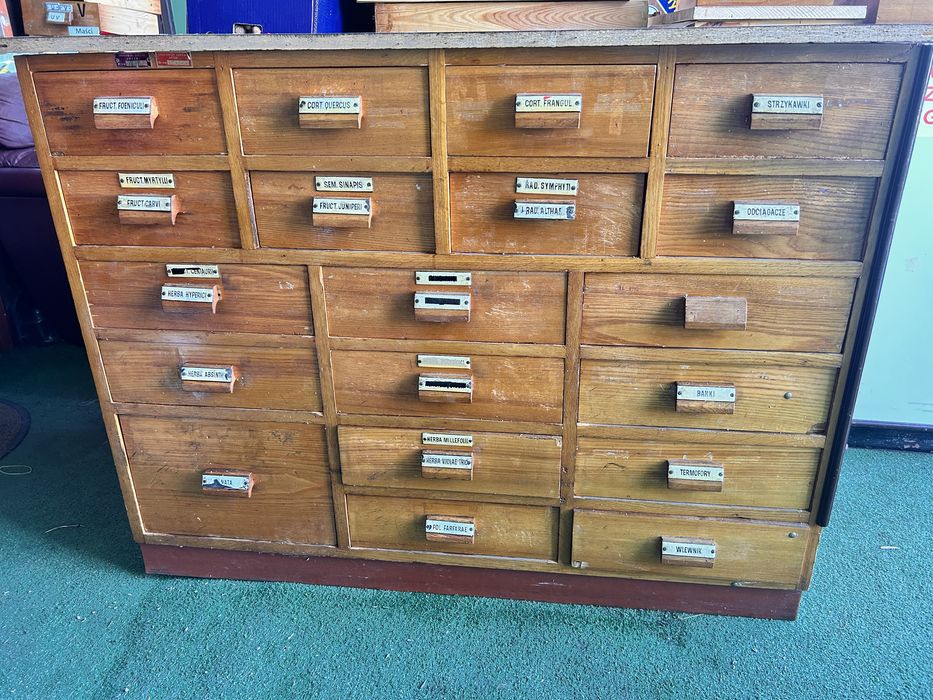 Stare meble drewniane komoda biurko biblioteka apteka szafka szuflady