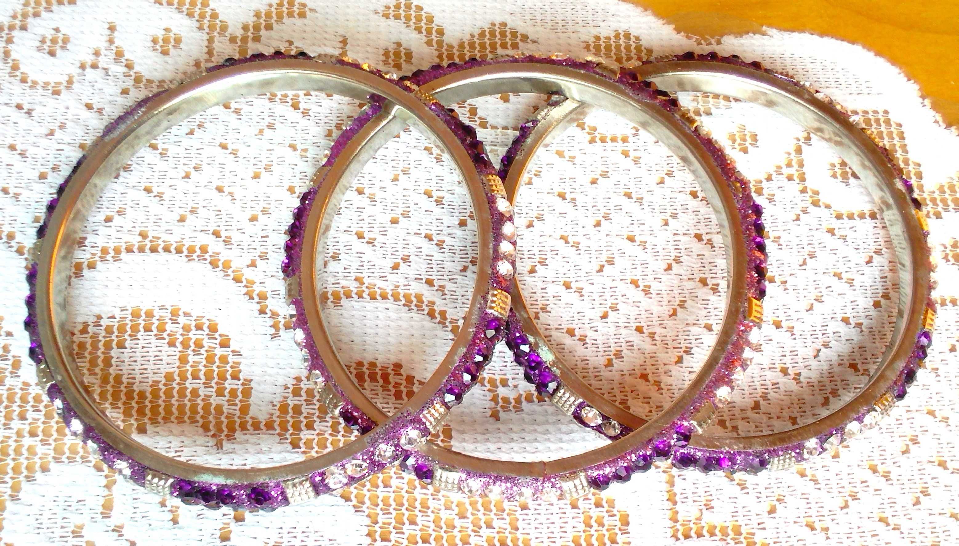 Bransoletki bangle, kolor srebrno fioletowo różowy, 3 sztuki
