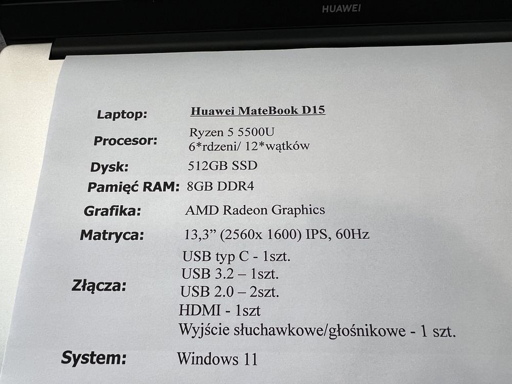 Jak nowy/ Huawei/ Matebook D15/ Ryzen 5/ 8+512/ gwarancja/w2