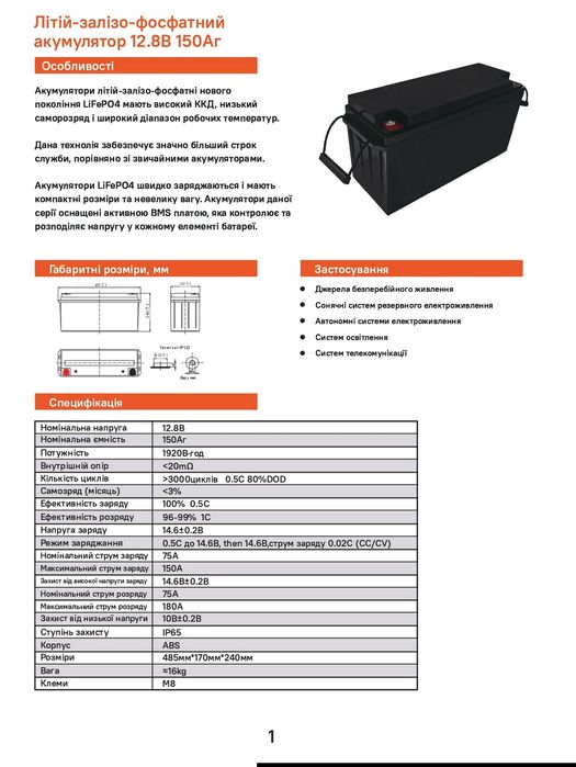 Sturmax BC12VM-LiFePo4150AH Акум. батарея LiFePo4