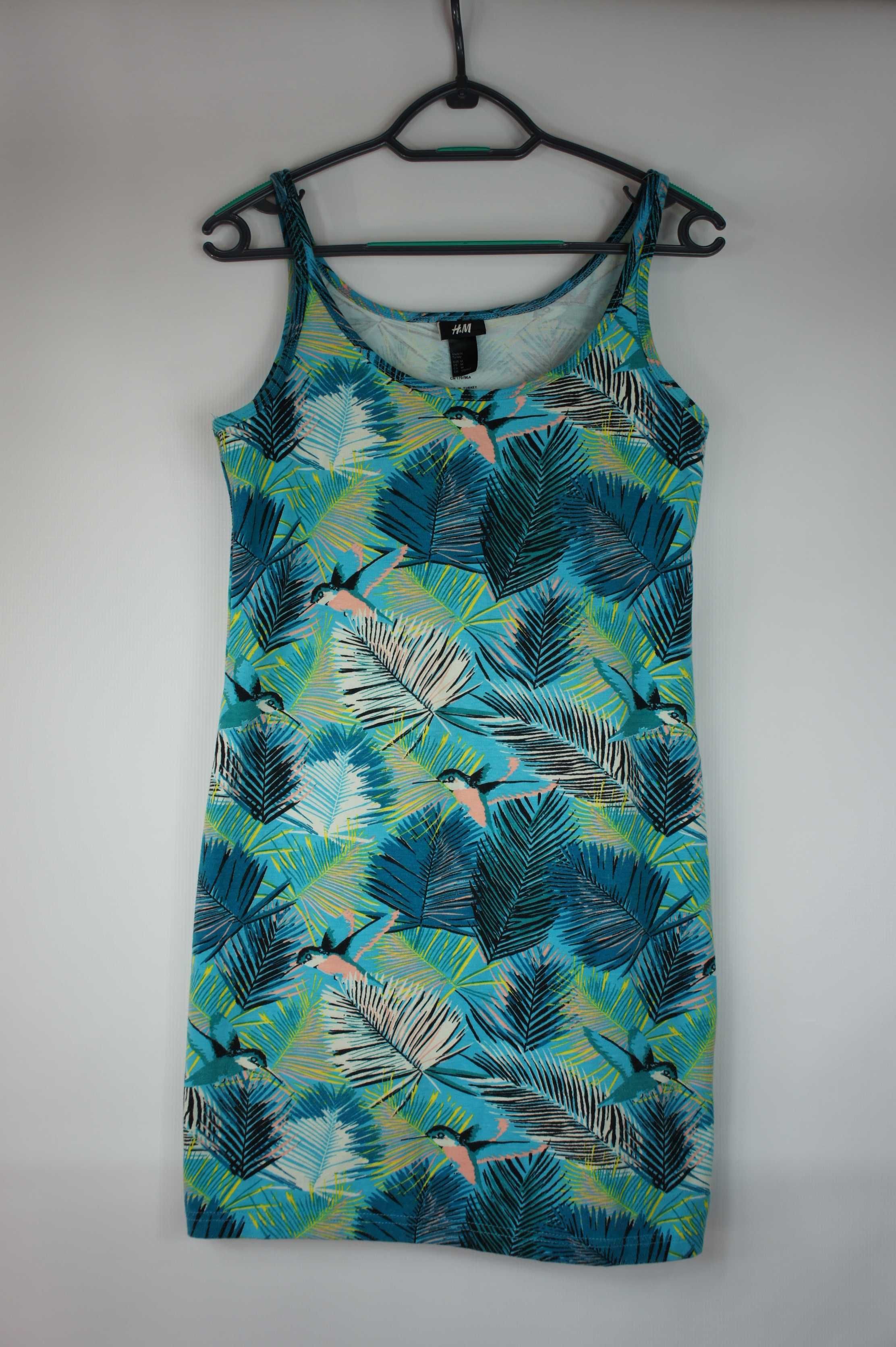 H&M dopasowana letnia sukienka mini wzór ptaki tropikalne liście palmy