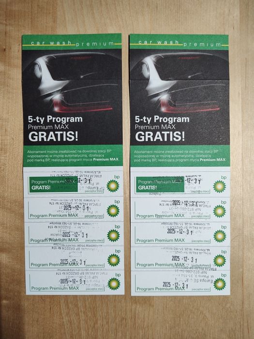 2 Karnety na myjnie BP - 5x Program Premium MAX