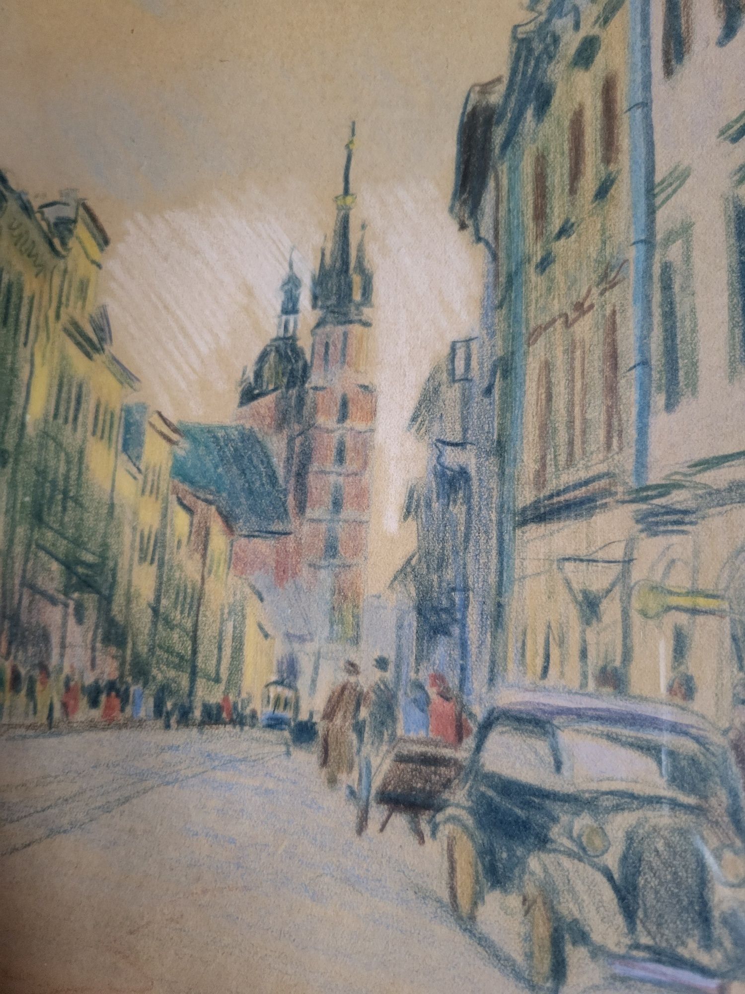 Grafika obraz Kraków Floriańska lata 40 powojenny orginał rama