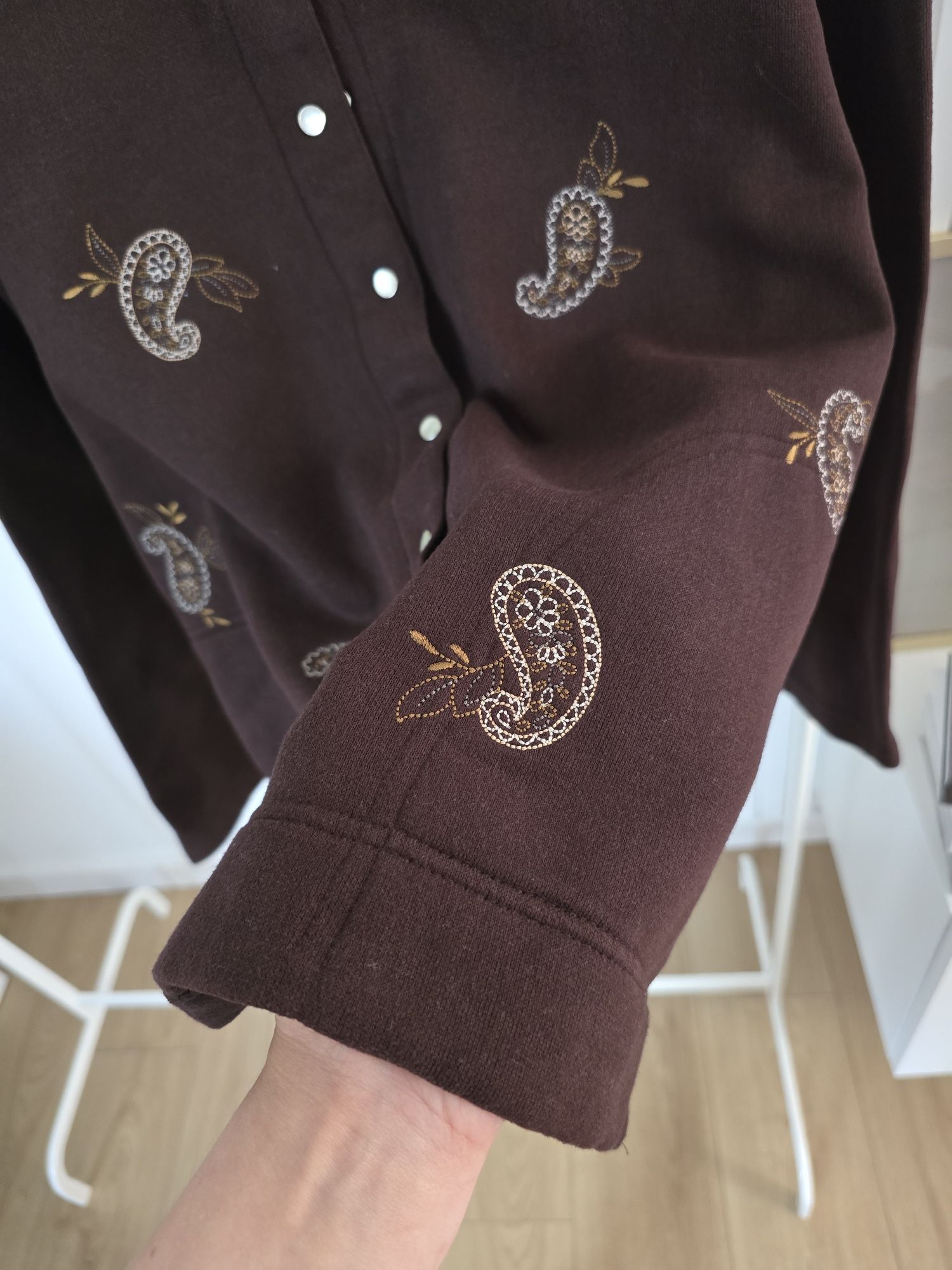 Bluza narzutka czekoladowa 42 XL plus size haftowana bdb vintage zapin