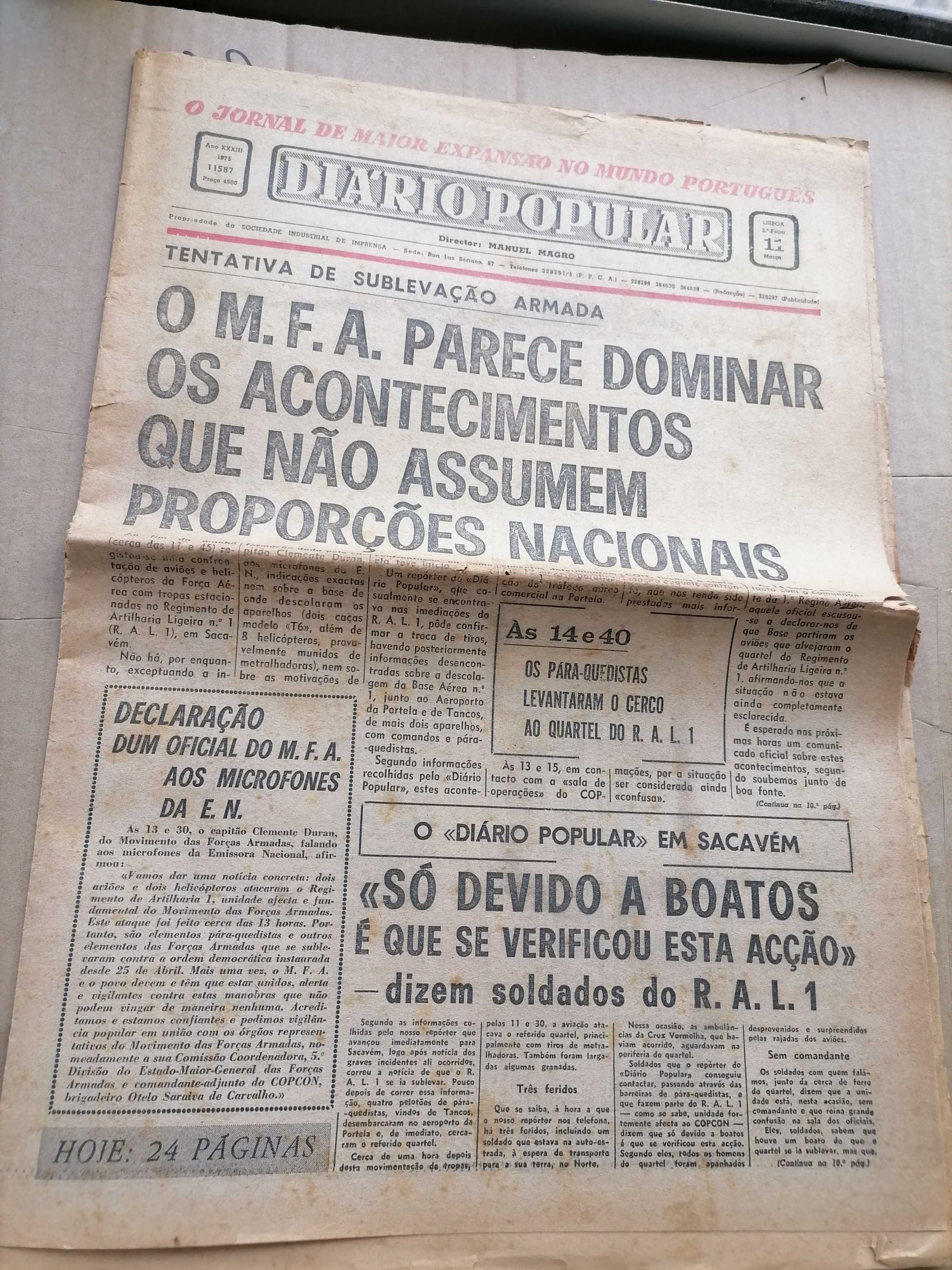 Diário Popular 11 de Março 1975       M. F. A. / SUBLEVAÇÃO Armada