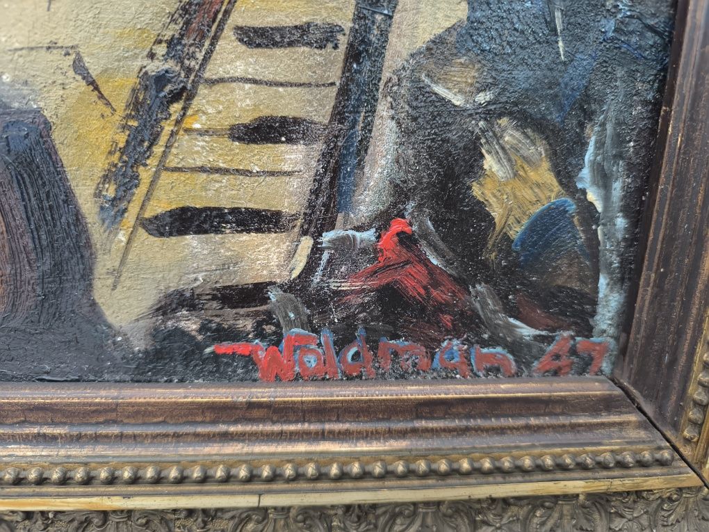 Piękny stary oryginalny obraz olejny 1947 r Waldman Mosze " Getto"