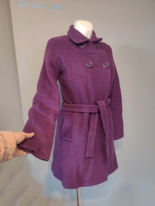Fioletowy płaszcz damski 80% wełna wool vuna 100% wiskoza
