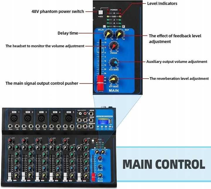 Depusheng HT7 mikser audio 7-kanałowy, Bluetooth, USB, efekt DSP