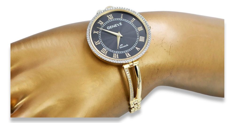 Prześliczny 14K 585 złoty damski zegarek Geneve lw053y Czarna Tarcza G