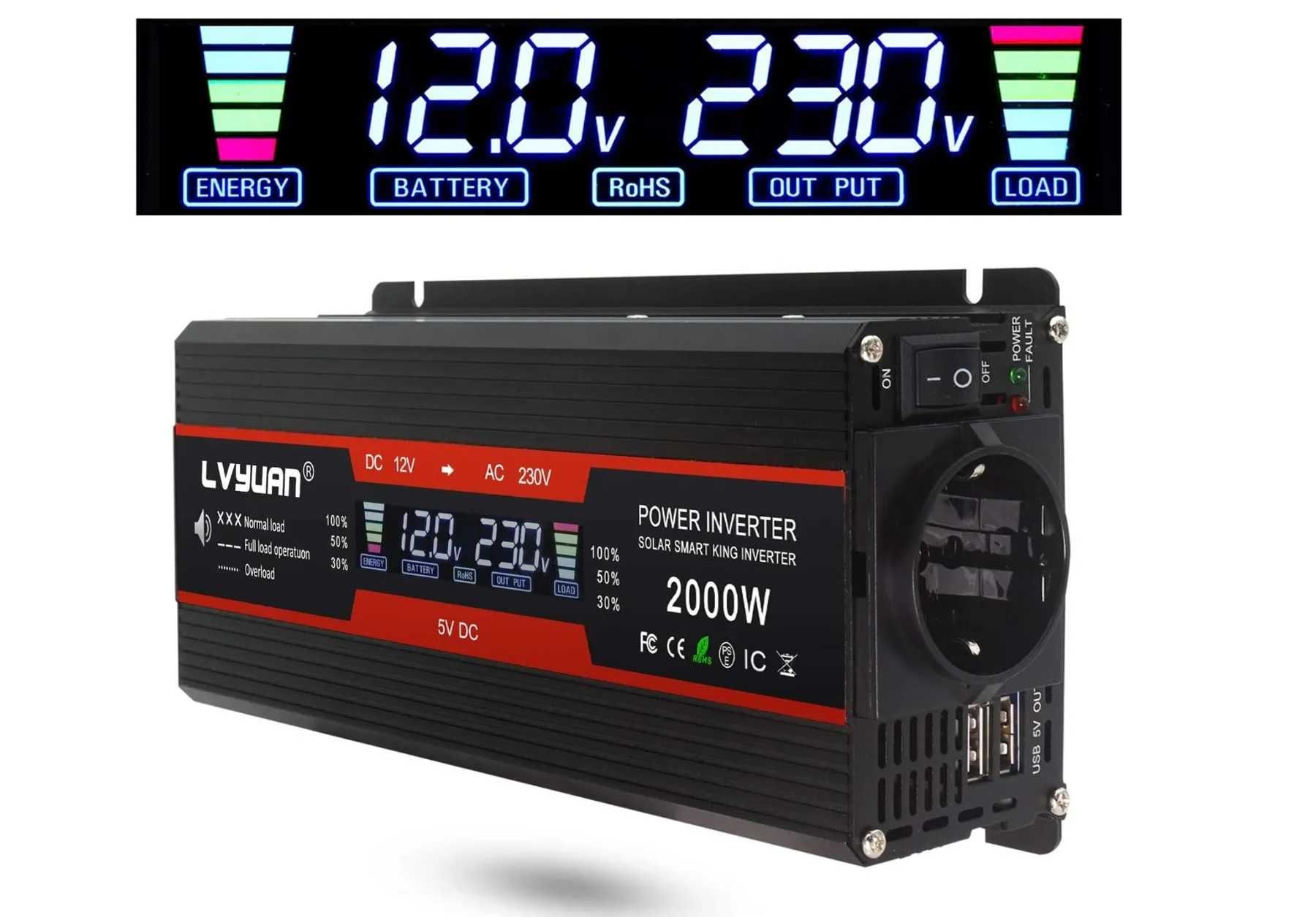 Инвертор 12V-220 LVYUAN 2000W с дисплеем и 2 USB