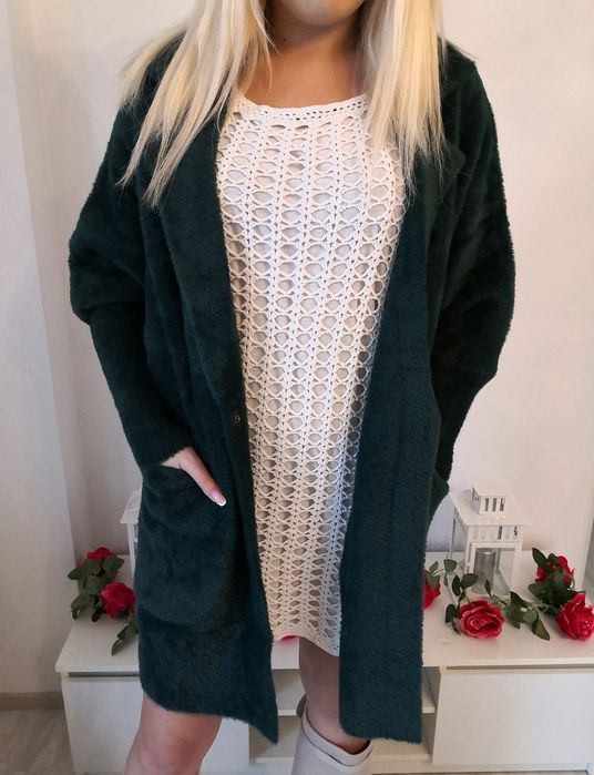 Płaszcz alpaka luzny oversize krój butelkowa zieleń xxl