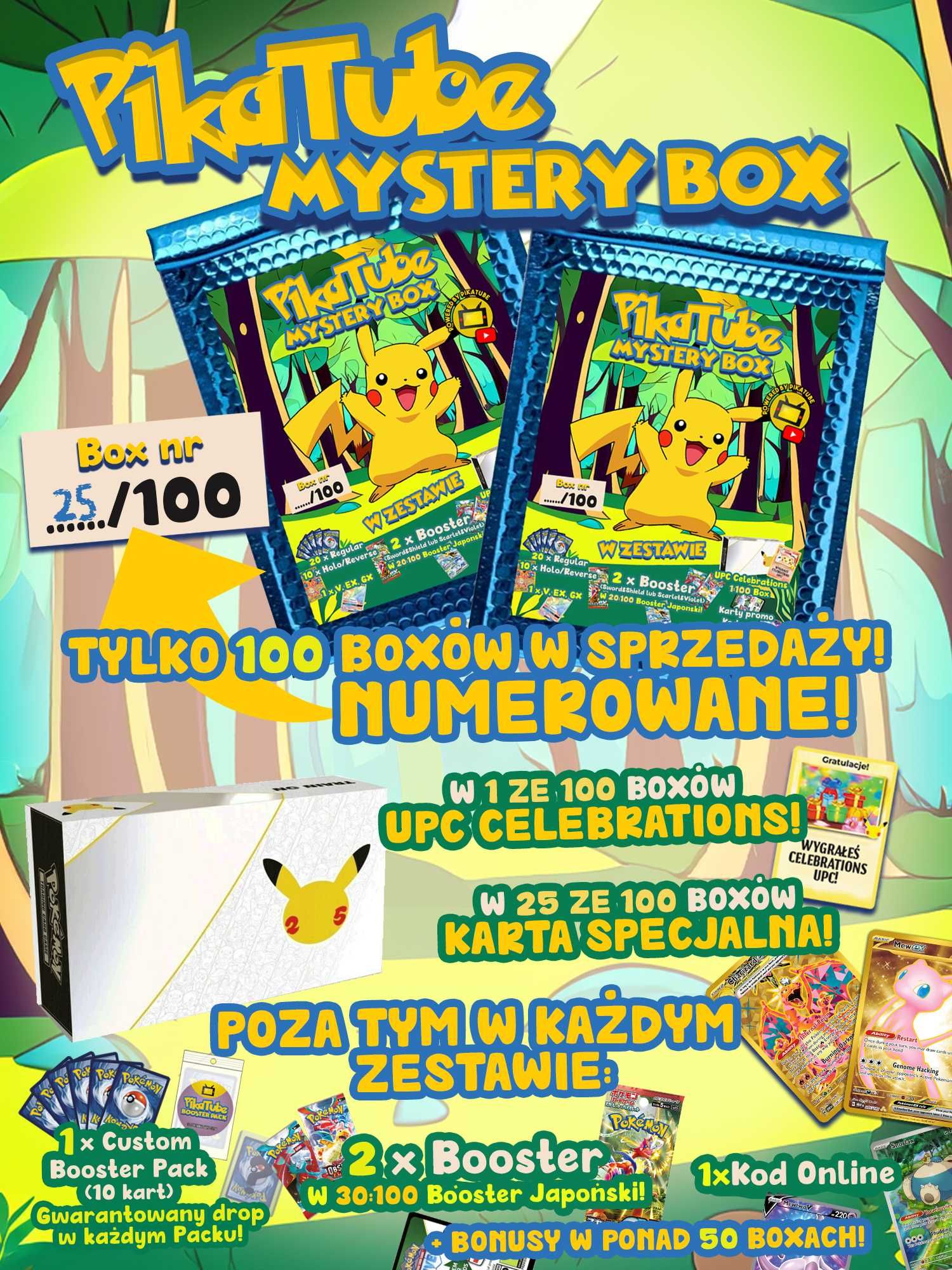 PikaTube MYSTERY BOX - zestaw kart Pokemon (boostery, UPC, unikaty)