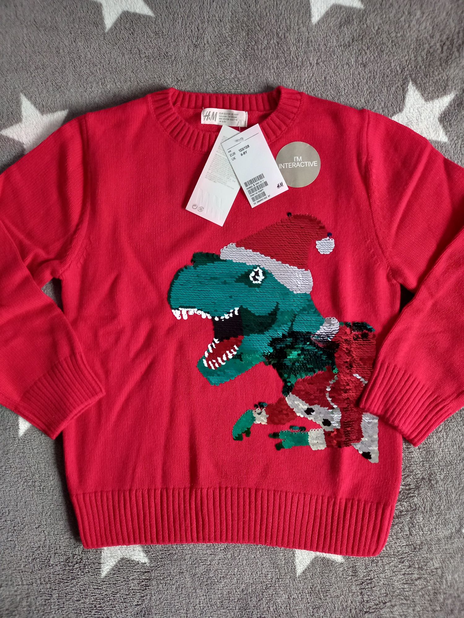 NOWY sweter bluza h&m hm 122 128 dinozaur dinozaury mikołaj święta