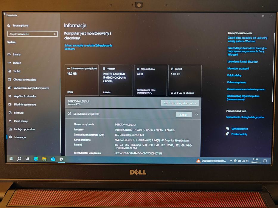Laptop DELL Inspiron 7559- Intel i7 16GB SSD + SSHD GTX960 Windows 10