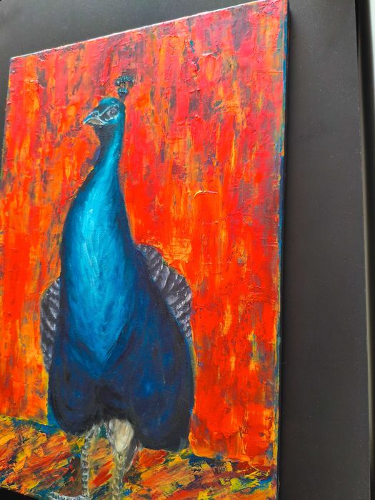 Obraz Olej Paw Czerwień 40x60 Impasto Abstrakcja Pióra Faktura