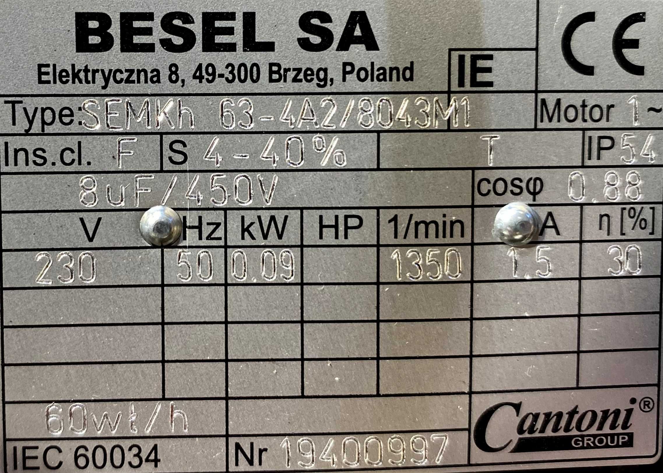 motoreduktor / przekładnia 0,09kW 1,1obr. 1fazowy 230V DO PIECA