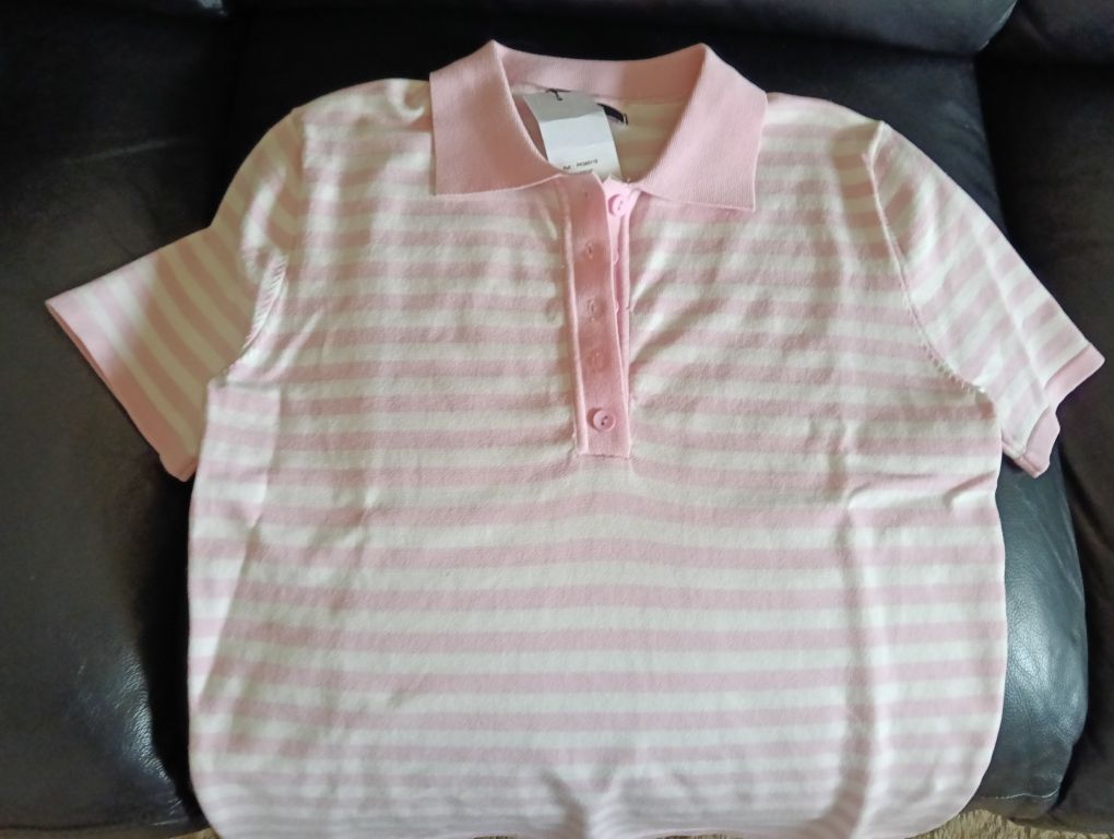 Polo de senhora em rosa claro e branco