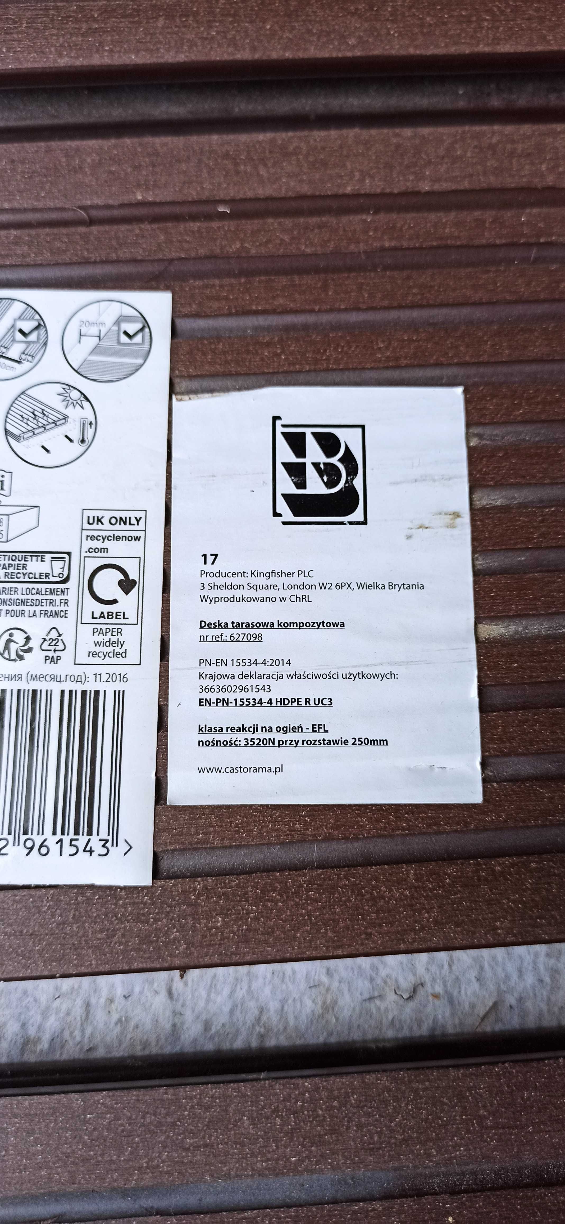 Deska kompozytowa tarasowa, nowa, 15szt, cena za kpl, brąz, 3m