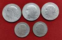 Zestaw srebrnych monet 5 oraz 10 złotych glowa kobiety 1932, 33, 34