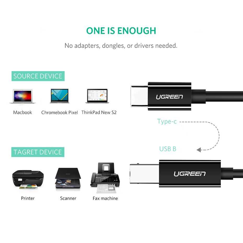 Кабель для принтера сканера факса МФУ Type-C на USB-B 2.0 UGREEN 1м