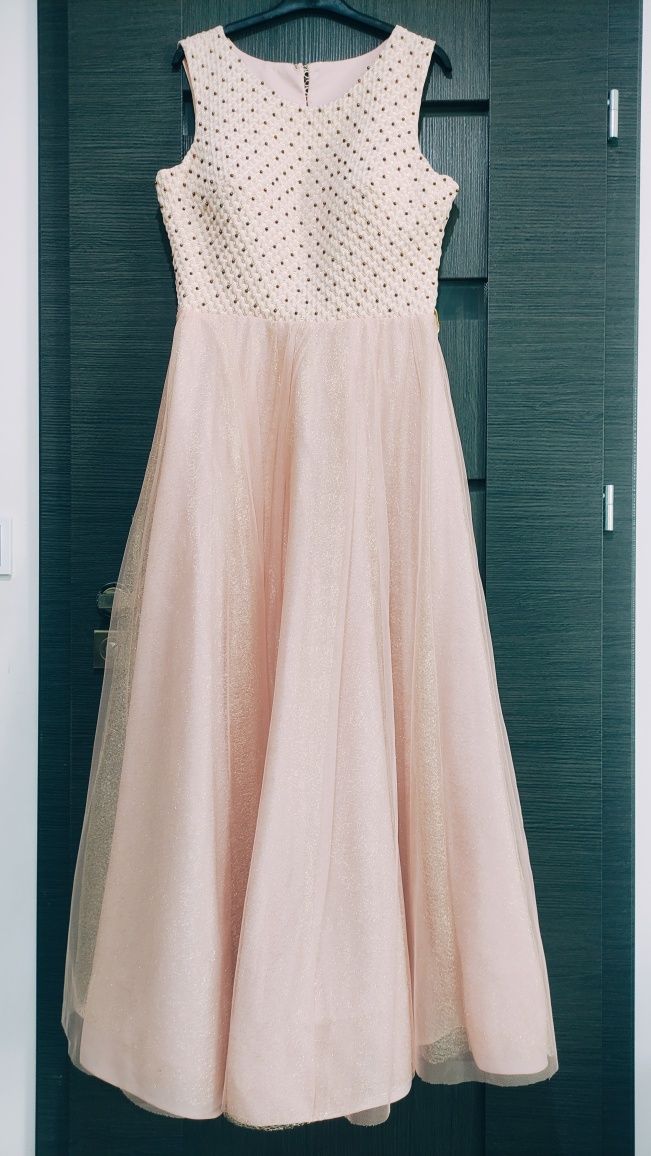 Piękna sukienka Princessa XL długa brokat pudrowa róż