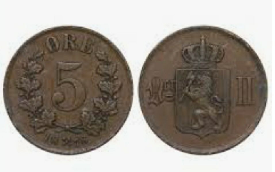 Монета 5 ере (1876 р) країна Норвегія.