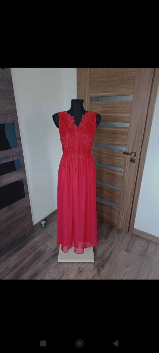 długa maxi suknia sukienka wieczorowa balowa czerwona koronkowa
