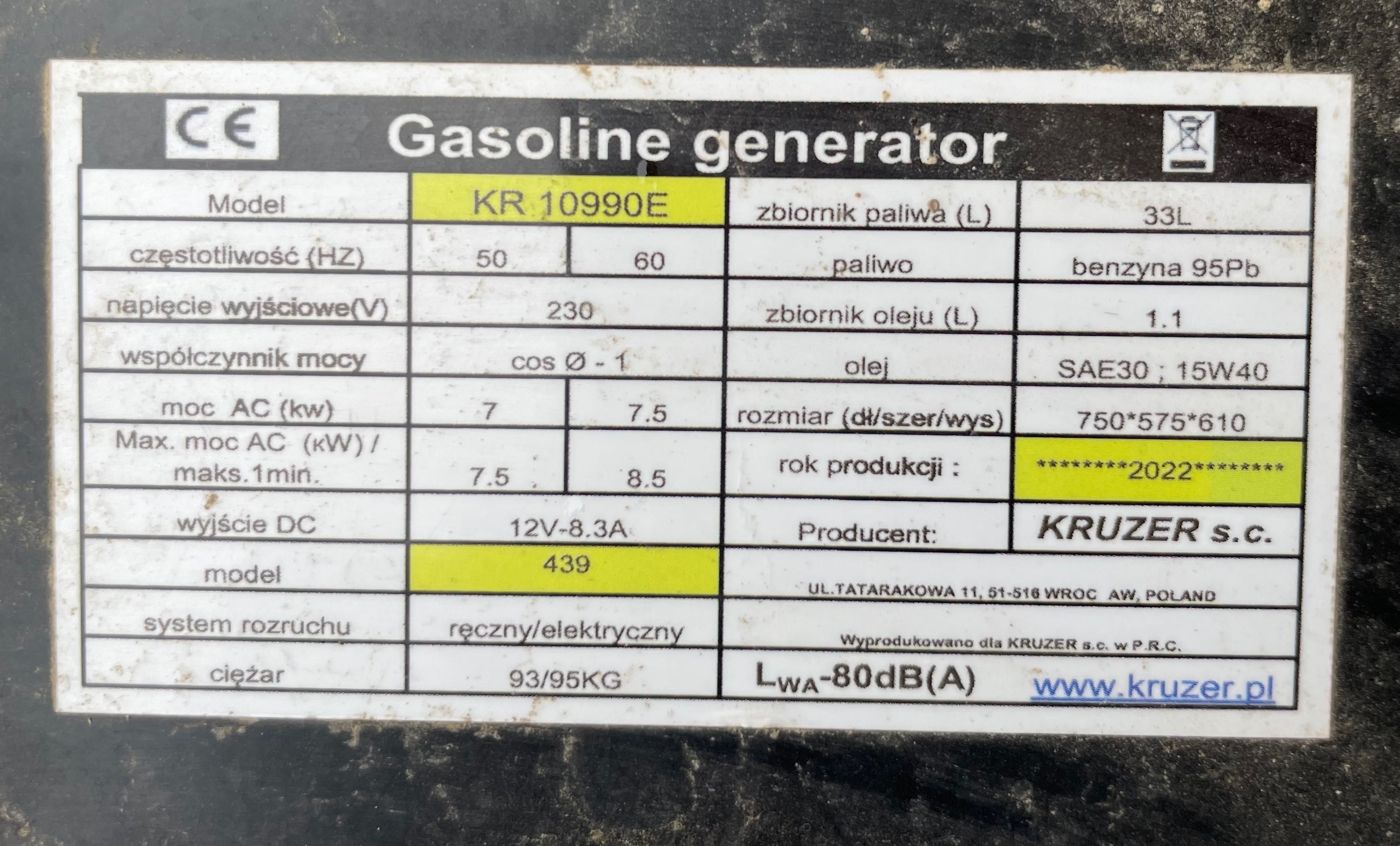 Agregat spalinowy 7000/7500W AC Kruzer KR10990E