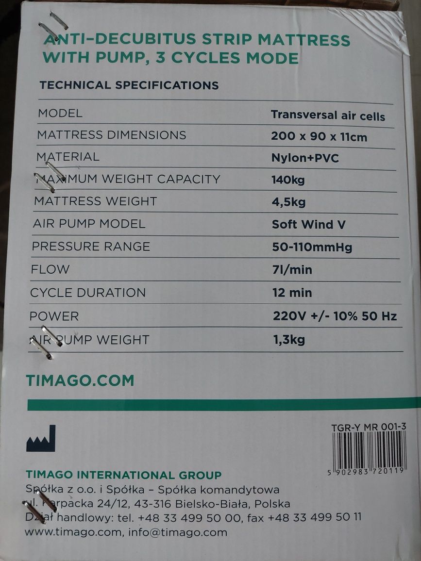 Materac przeciwodleżynowy rurowy-trójprzepływowy Timago TGR-Y MR 001-3