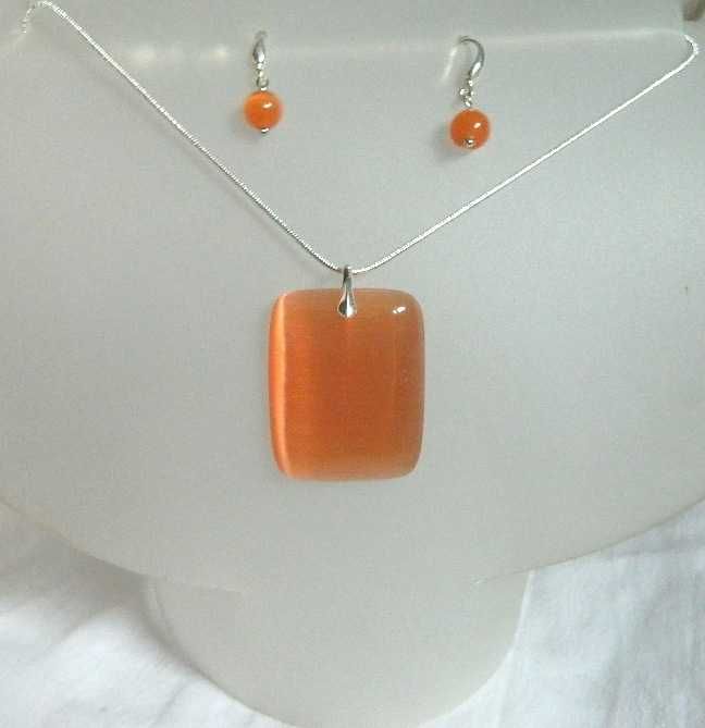 Pomarańczowy kwarc kocie oko, wisior i kolczyki, srebro