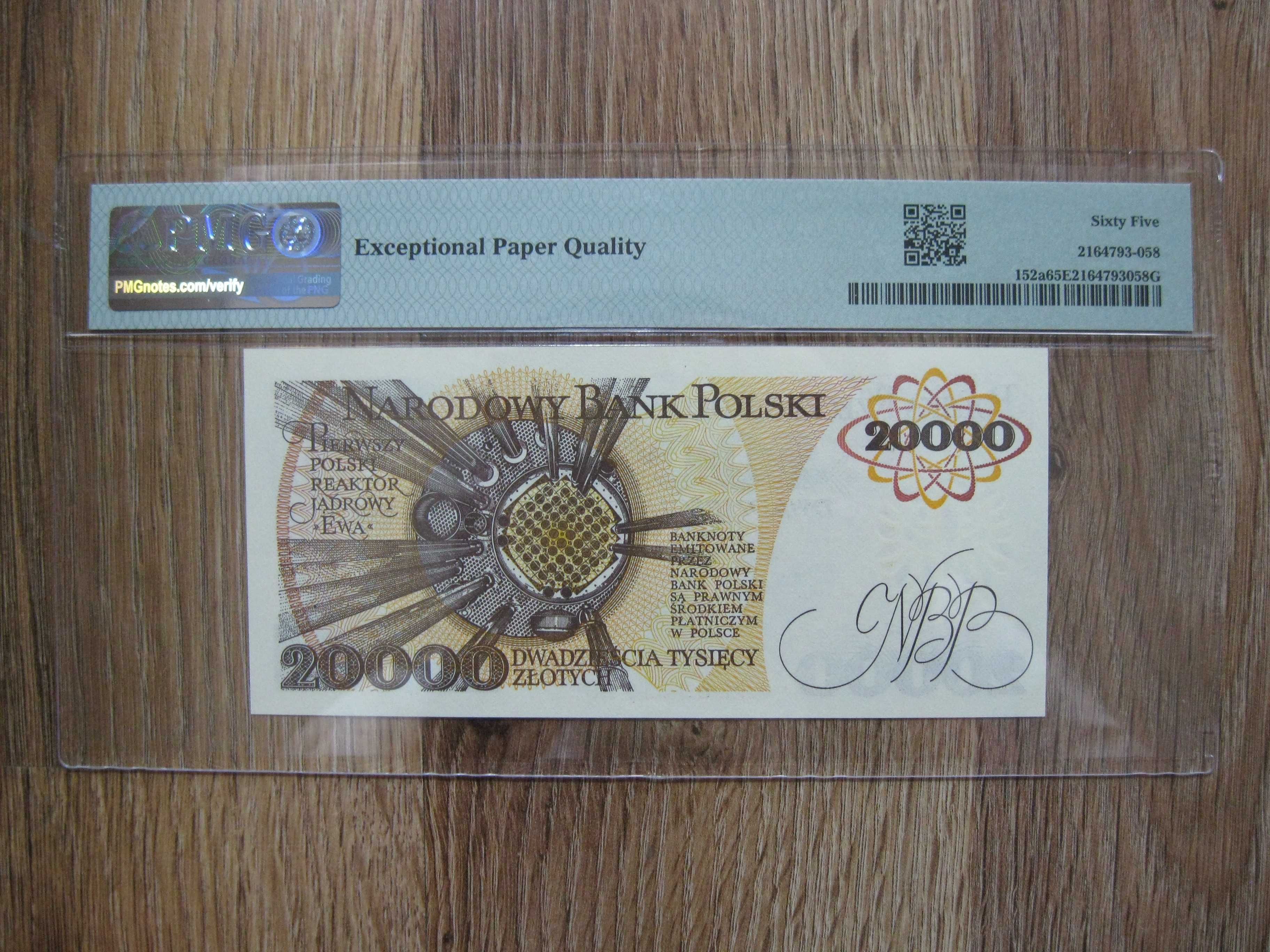 Banknot PRL 20000 złotych 1989 r. seria AM Skłodowska grading PMG 65