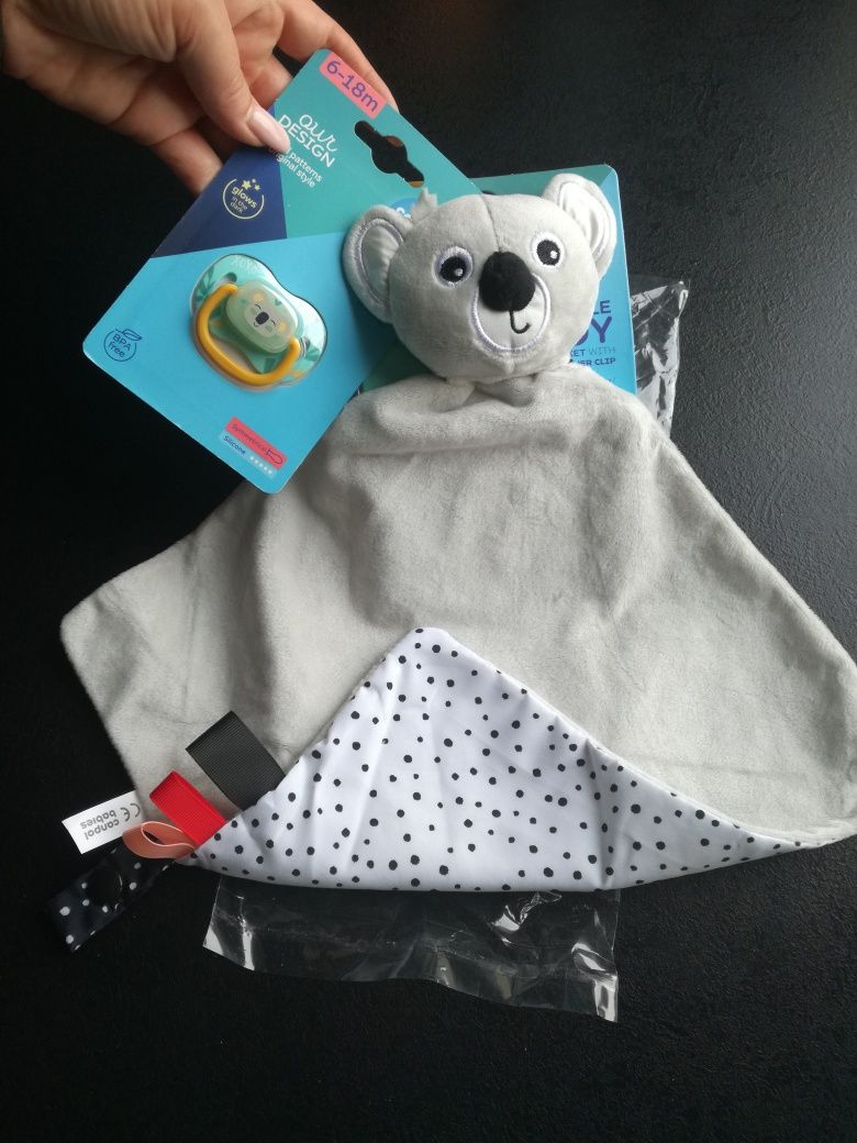 Nowy zestaw Canpol Babies świecący smoczek 6-18 zawieszka- kocyk koala