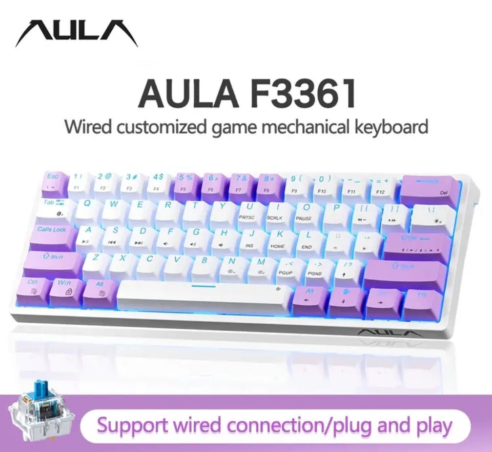 Механічна клавіатура AULA F3361 60% Фіолетово-біла | Brown-Switch